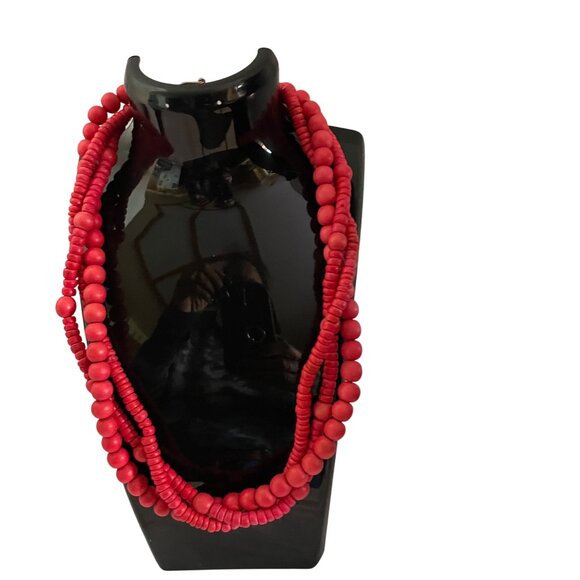 Multi-Strand Red Beaded Necklace With Gold Toggle Clasp For Women - Picture 2 of 6